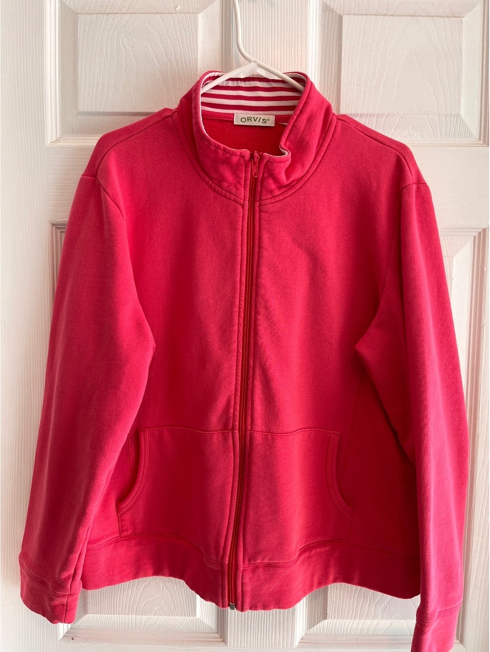 Orvis Womens Pink Full Zip Sweatshirt Mock Neck Stripe Trim XL (No Size Tag)